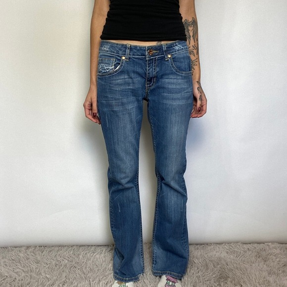 Cowgirl Tuff Denim - Cowgirl Tuff Dont Fence Me In Bootcut Jeans Barbwire Pocket Embroidery Flare 29W